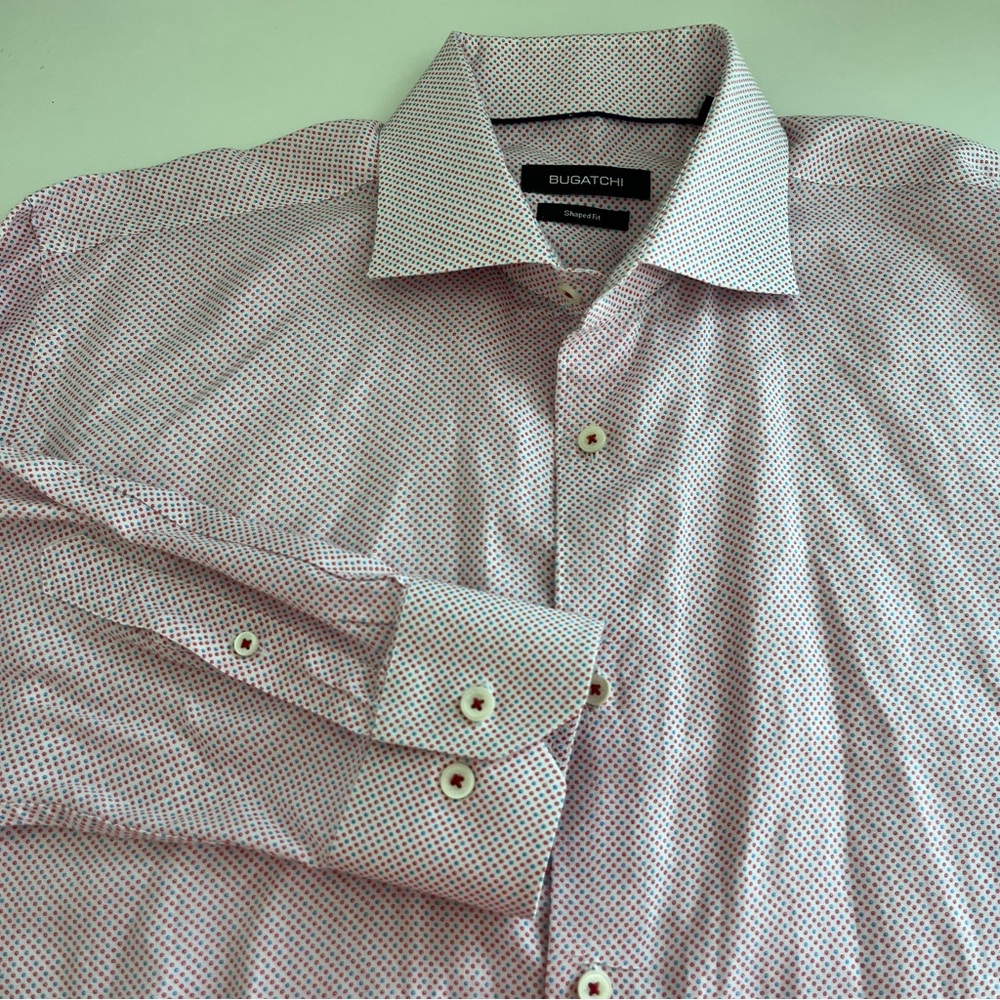 Bugatchi Men’s Shaped Fit Blue Red Dots Long Sleeve‎ Button Down 17 34/35